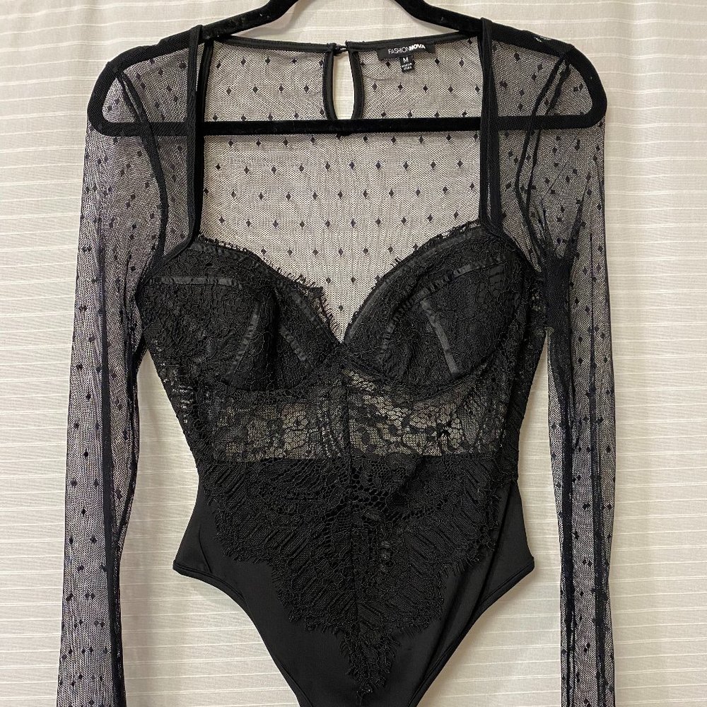 Sexy black mesh and lace bodysuit